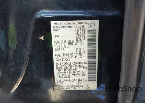 2012 Suzuki Equator Sport from USA, damaged, VIN 5Z61D0FV2CC448644